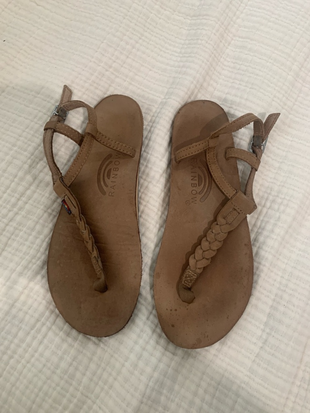 Rainbow Women's Braided Tan Leather T-Strap Sandals